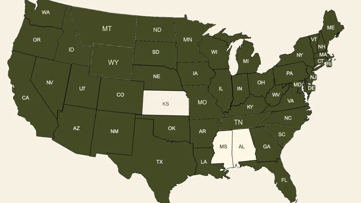 MoldCo care availability map with Alabama, Kansas, and Mississippi marked as not yet available