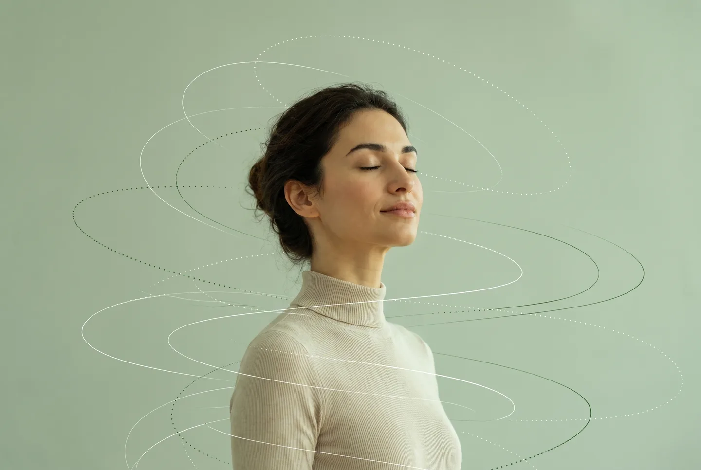 The same person turning toward the viewer, contour lines around them on a sage green background