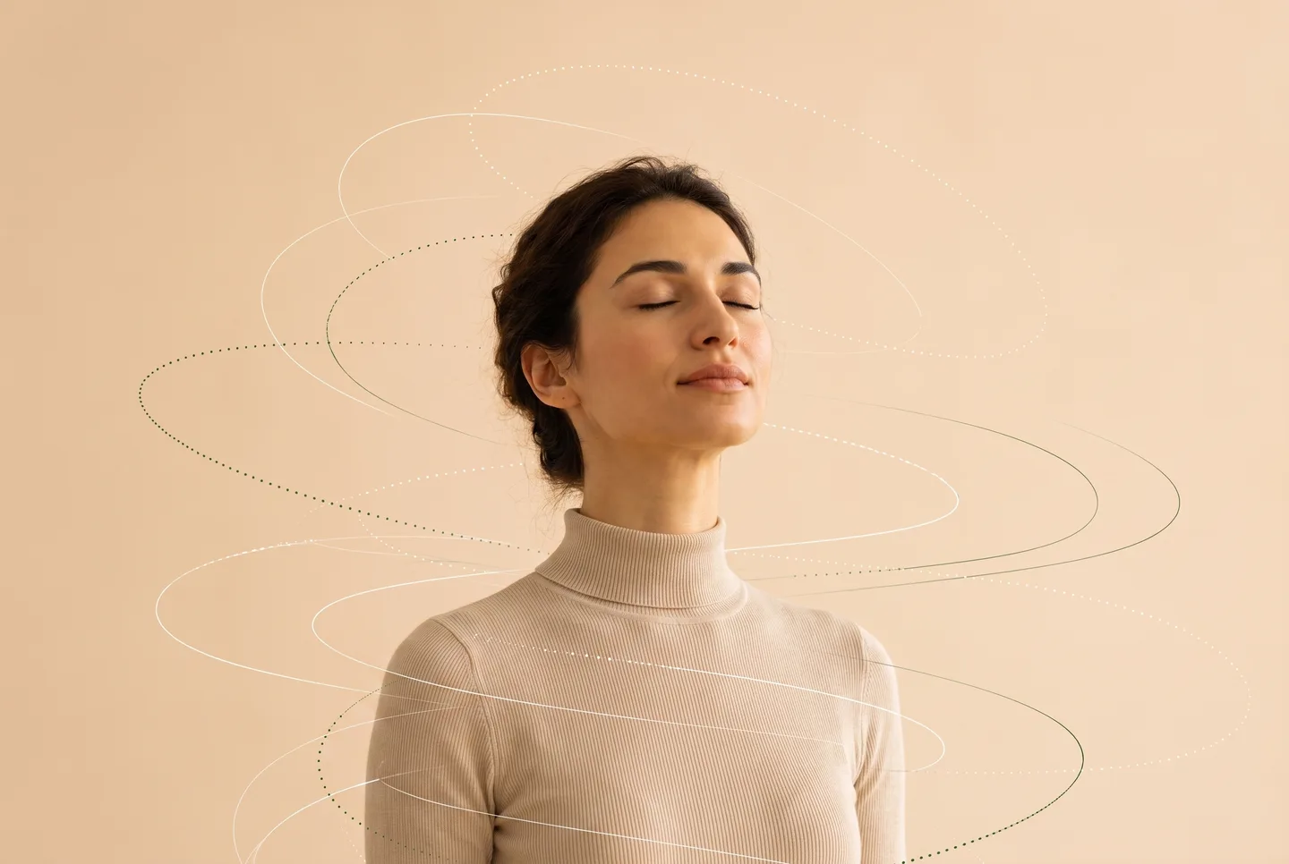 The same person facing forward with eyes closed, contour lines around them on a warm apricot background