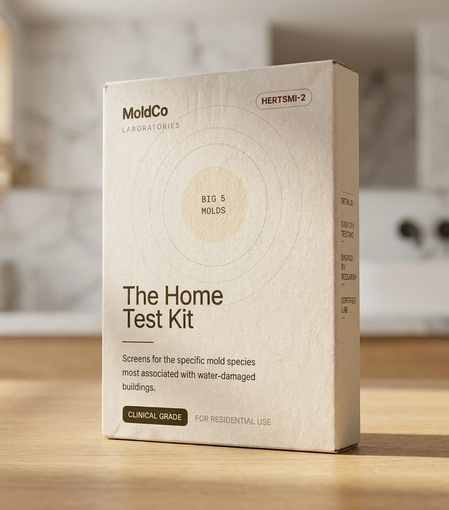 The MoldCo Home Test Kit box, a HERTSMI-2 dust test for 5 water damage molds