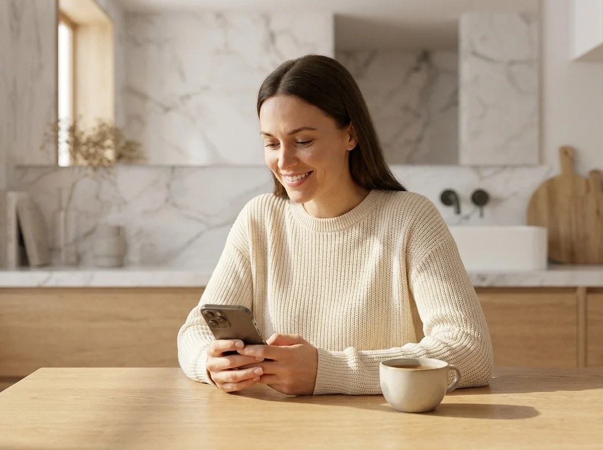 Woman reading her home test results on her phone beside the kit