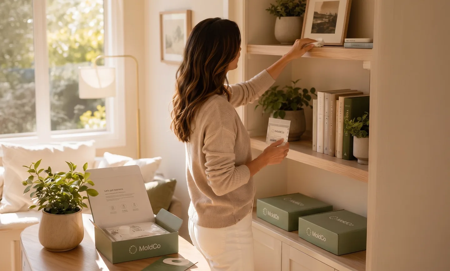 Three MoldCo home test kit boxes in a sunlit living room