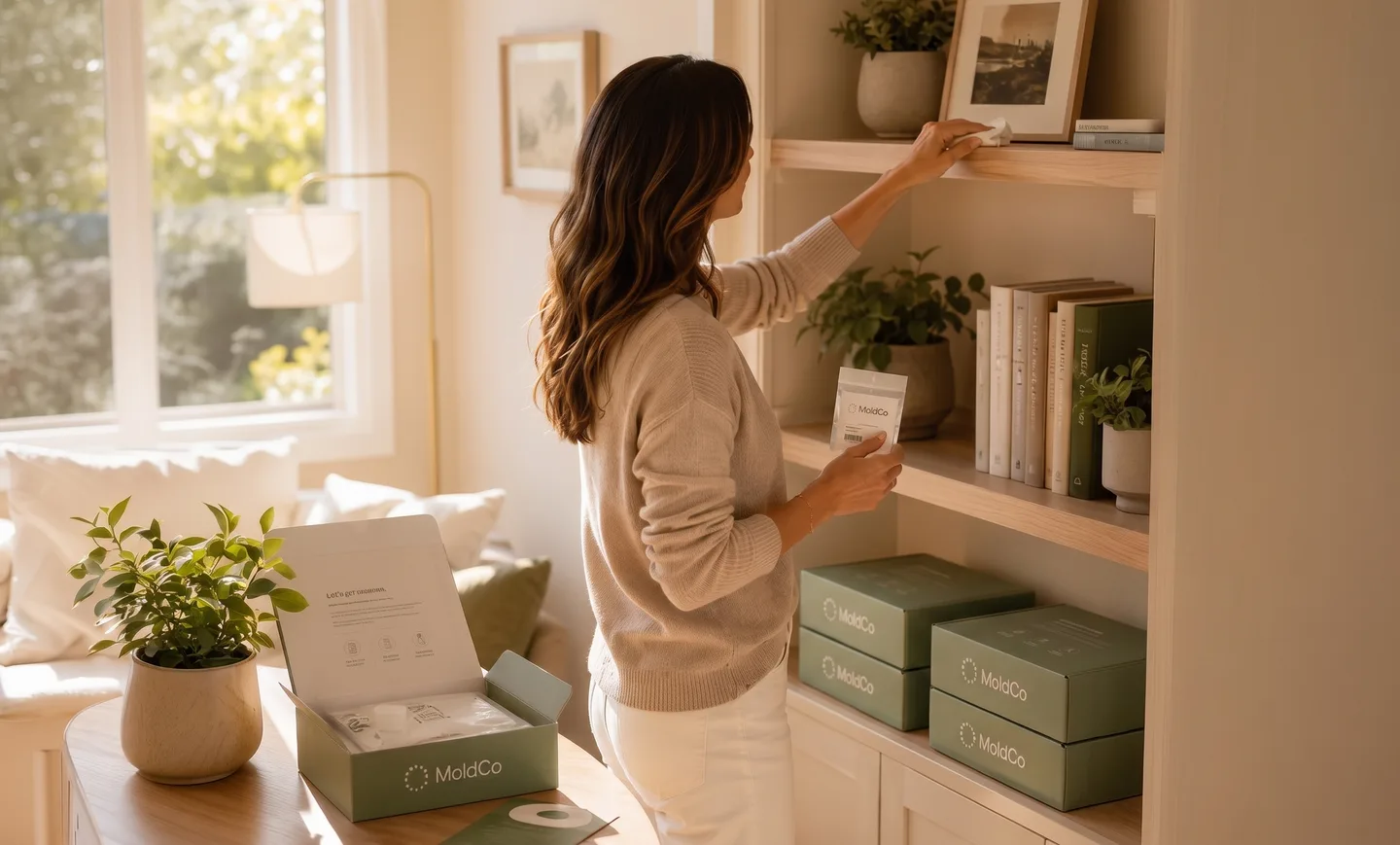 Five MoldCo home test kit boxes in a sunlit living room