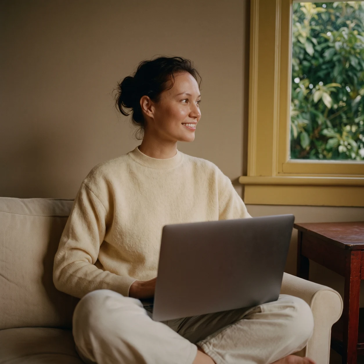 A woman sitting on a couch with an open laptop beside a sunlit window